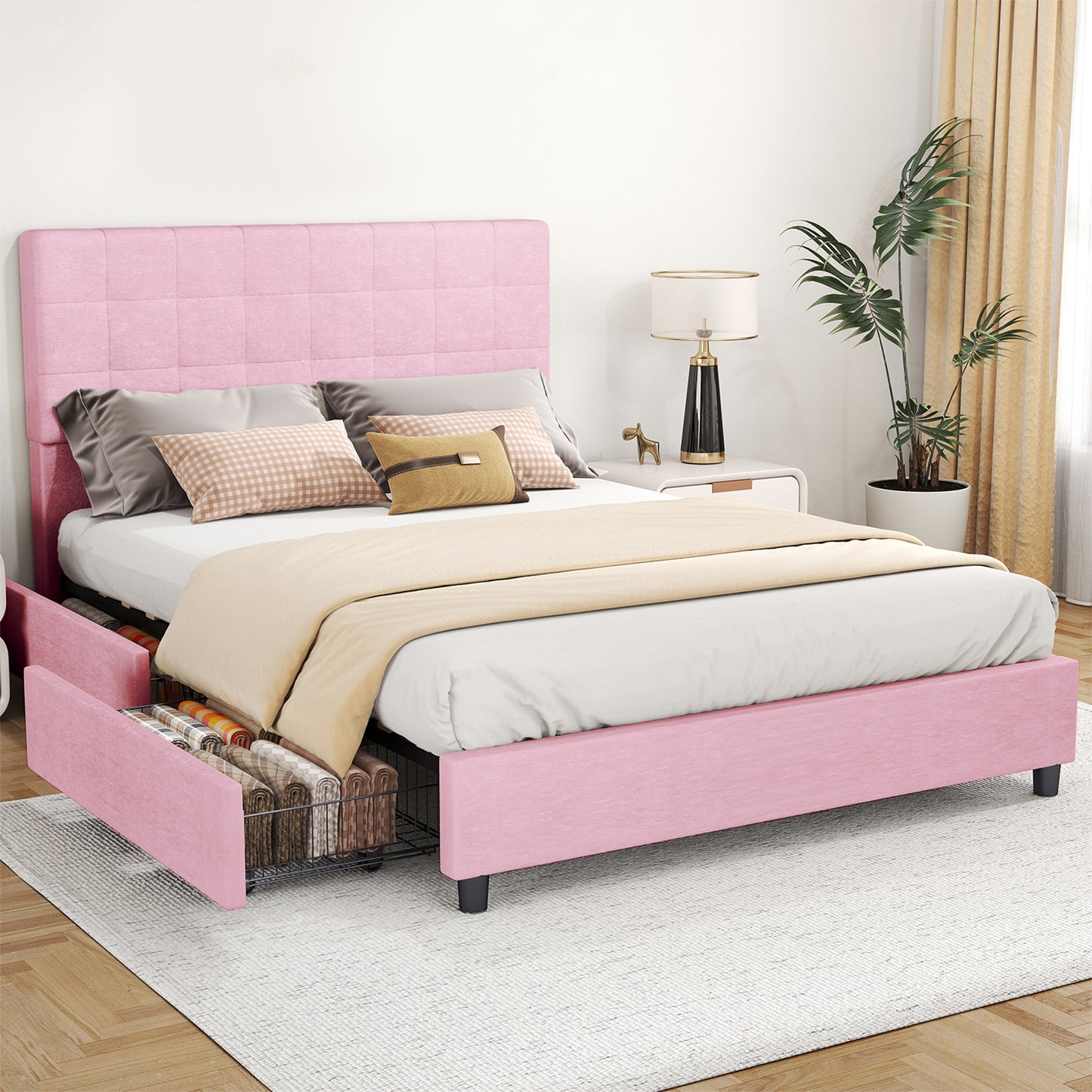 Queen Bed Frame Upholstered Vertical Channel Headboard With 4 Storage