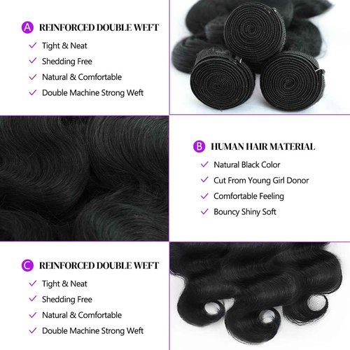 12A Body Wave Bundles Human Hair 16 18 20 Inch Human Hair Bundles 100% Unprocessed Brazilian Virgin Hair 3 Bundles Human Hair Extensions for Women Quick Weave Hair Natural Black
