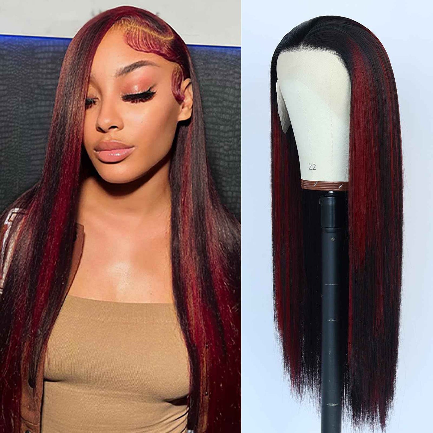 Oxeely Red Highlight Ombre Burgundy Synthetic Lace Front Wigs Long Straight Wigs Burgundy Lace Wigs Pre Plucked 1B/99J Skunk Stripe Glueless Wigs Heat Resistant Fiber Hair Red Wigs for Women Daily Use