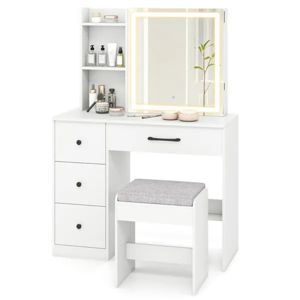 White Vanity Desk and Stool Set with LED Light Strip and Mirror