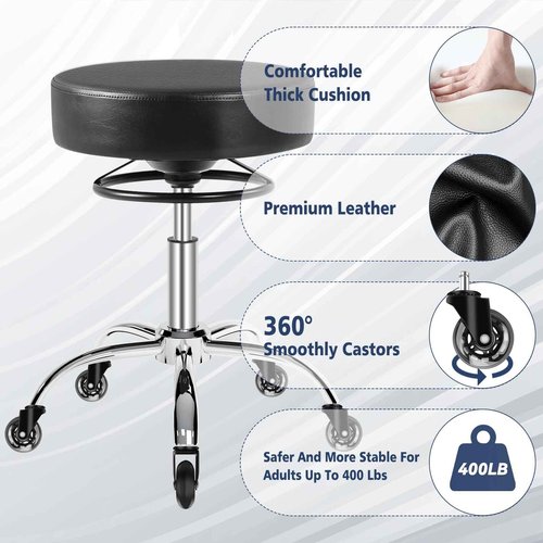 Mineloff Rolling Stool with Wheels 400lbs Weight Capacity,Heavy Duty Lash Chair Adjustable for Tatoo Lab Massage Salon Spa Drafting Nail Teach,360 Swivel,Leather,Thick Seat Padding (Black)