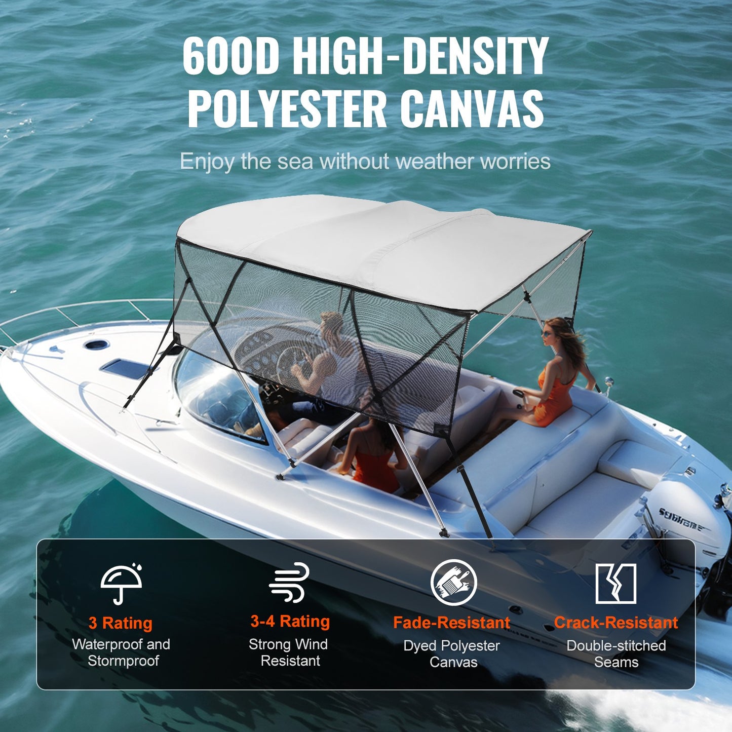 Bimini Top Boat Cover with Detachable Mesh Sidewalls - Grey