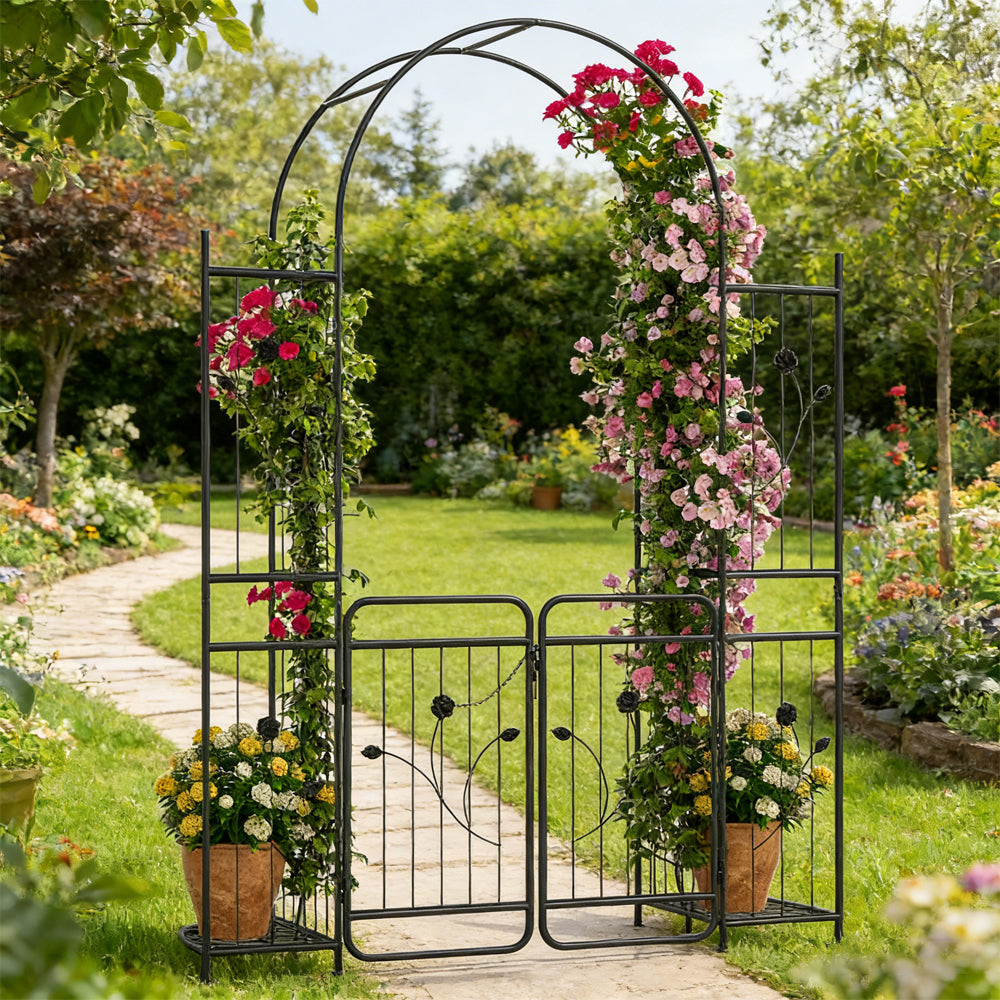 87 Inch Tall Garden Arch with Gate & Planter Shelves - Black