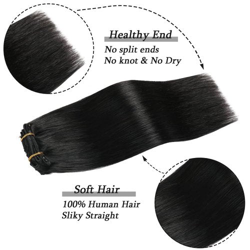 Savasana Clip in Hair Extensions Real Human Hair Straight 7 Pcs Long Black Hair Extensions Double Weft Thick Natural Black 20 Inch 120g