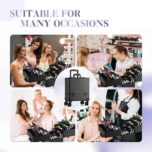 Leeora&Leekoo High-Capacity Multilayer Portable Nail Case for Nail Tech Organizer with Wheels - Lockable Makeup Case Organizer, Cosmetic Case, Makeup Train Case (Black-8045)