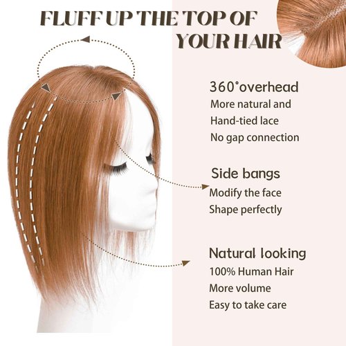 viviaBella Human Hair Hand-tied Swiss Lace BaseToppers Natural Looking no Bangs, Clip in Real Human Hair Toupee for Women with Thinning Hair Big Coverage 12inch hairpieces(Copper Red, 5"X4.5")