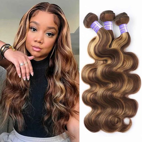 Perstar Ombre Highlight Body Wave Bundles Human Hair Honey Blonde 4/27 Human Hair Bundles 18 20 22 Inches Soft and Healthy 100% Unprocessed Brazilian Virgin Remy Hair Weft