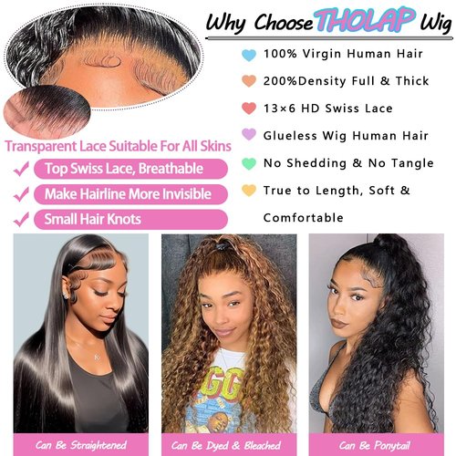 Tholap 16 Inch 13x6 Deep Wave Lace Front Wigs Human Hair 200 Density 13x6 HD Lace Front Wigs Human Hair Pre Plucked Deep Curly Glueless Wig 100% Virgin Human Hair Lace Front Wigs for Women