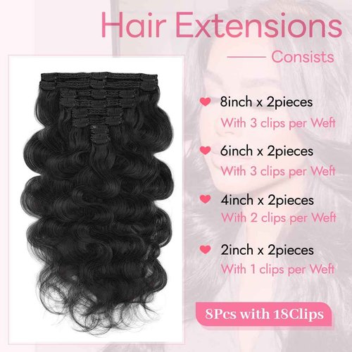 Tandulo Clip in Hair Extensions Real Human Hair Body Wave 1B Natural Black Clip in 100% Brazilian Remy Human Hair Extensions 8pcs Per Set with 18 Clips Double Weft 22 Inch 110g/3.6oz
