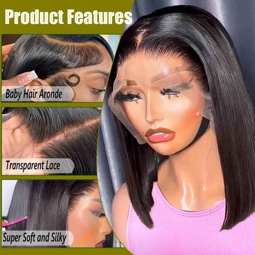 Lace Front Bob Wigs Human Hair 13x4 HD Lace Frontal Straight Bob Wig Human Hair Glueless HD Transparent Bob Wigs for Black Women 14 Inch Human Hair Natural Black Wig with Baby Hair 180% Density