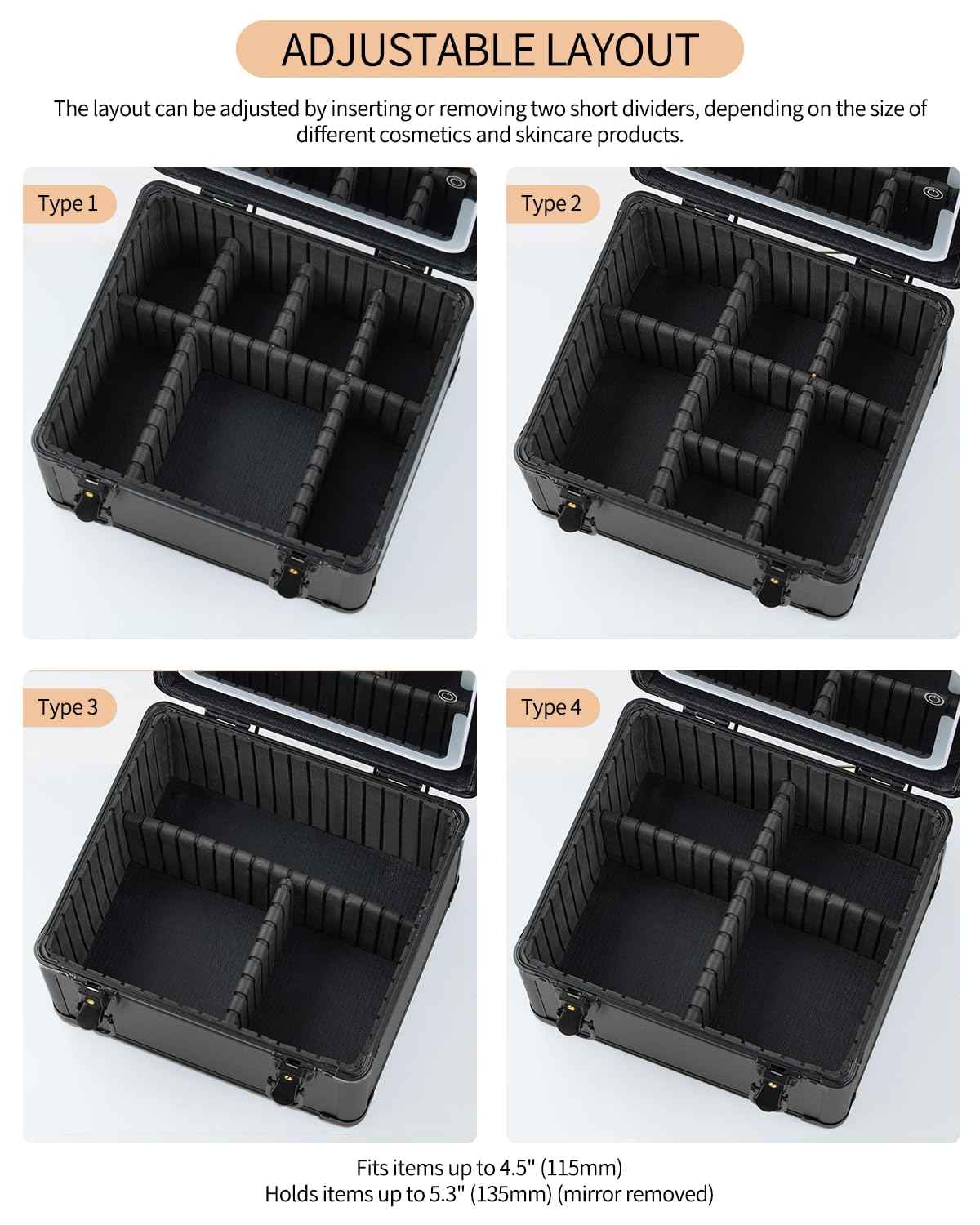 Makeup Case with Lighted Mirror, Travel Makeup Bag Organizer with 3CCT LED Mirror, Cosmetic Bag for Women with Adjustable Divider, Makeup Storage Box with Lock, Waterproof Travel Train Case