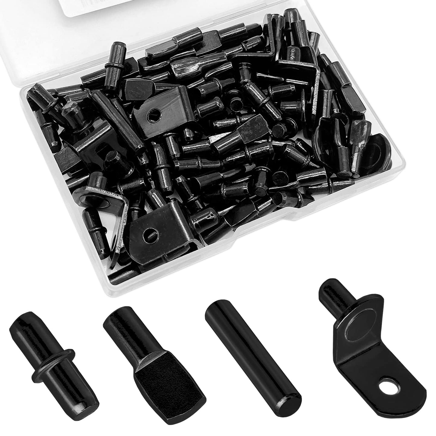 104Pcs Shelf Pins Pegs Kit,4 Styles Shelf Support Pegs,Bookshelf Pegs for Shelves,Cabinet Shelf Bracket Pegs Shelf Holders Pins for Kitchen Furniture & Closet (5mm & 1/4 inch,Black)