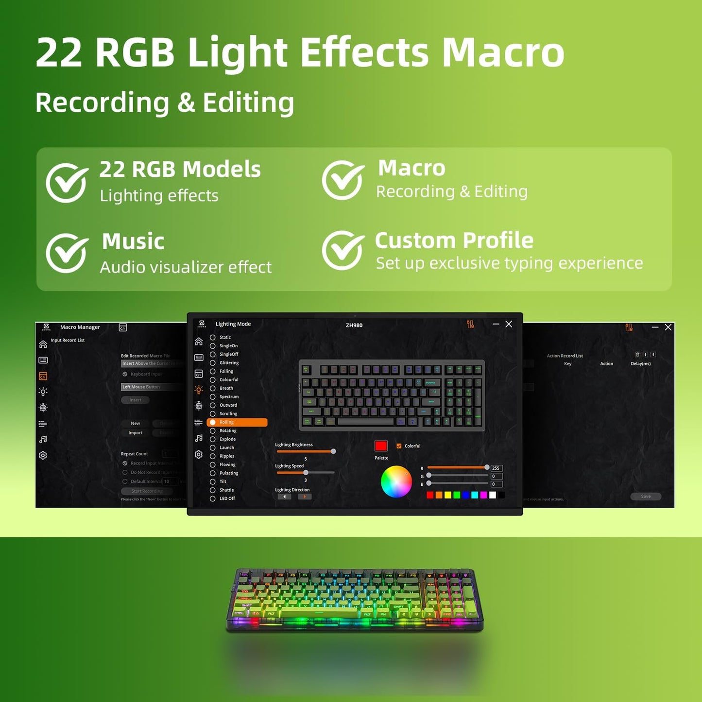 ZORNHER ZH980 Wireless Mechanical Gaming Keyboard,95% Green Hot-Swappable Custom Creamy Keyboard with Number Pad,Lighted Up PBT Dipped Keycaps,Pre-Lubed Linear Switches,RGB Backlit,2.4GHz/USB-C/BT5.0