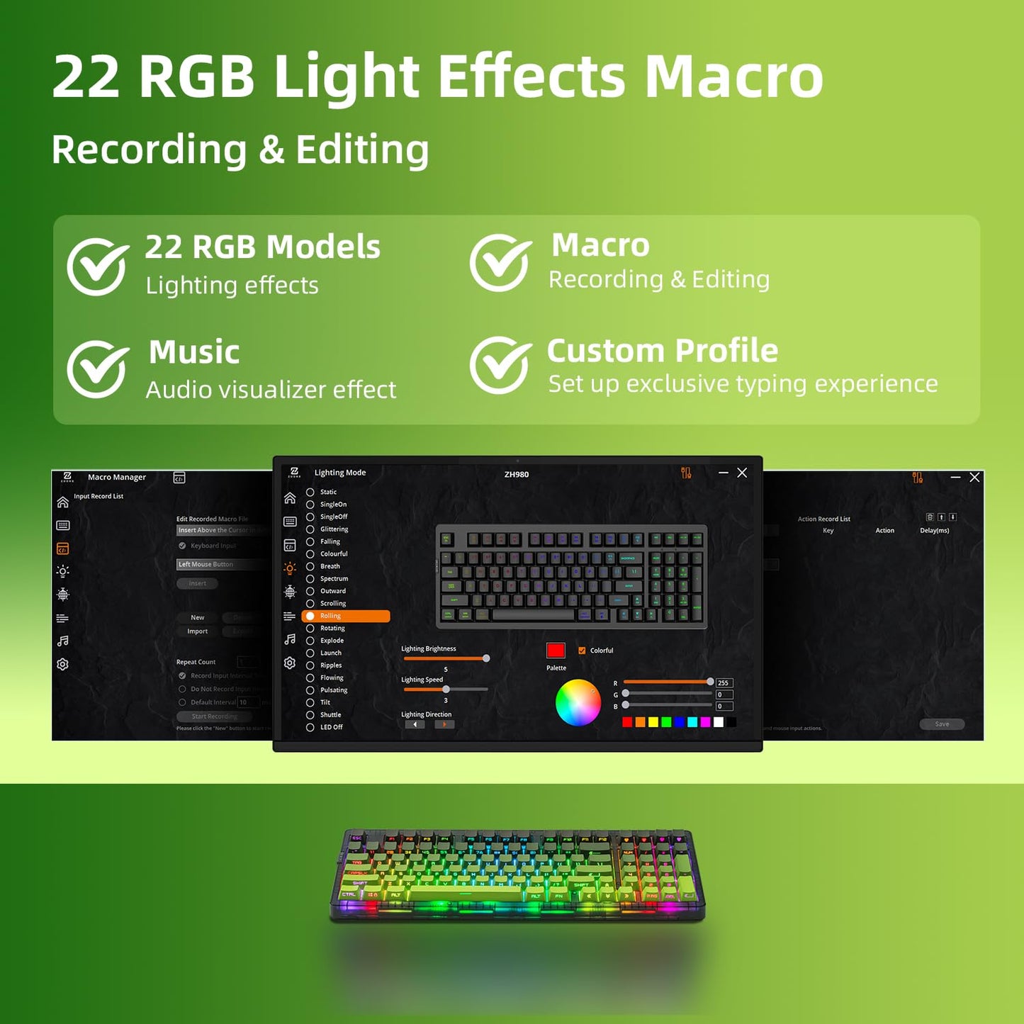 ZORNHER ZH980 Wireless Mechanical Gaming Keyboard,95% Green Hot-Swappable Custom Creamy Keyboard with Number Pad,Lighted Up PBT Dipped Keycaps,Pre-Lubed Linear Switches,RGB Backlit,2.4GHz/USB-C/BT5.0