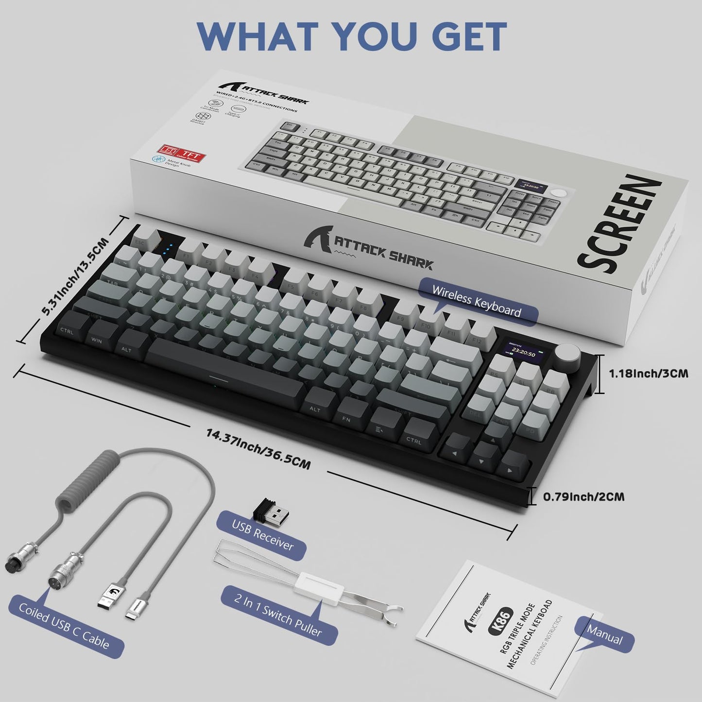RK86 RGB 75% Wireless Gasket Mechanical Keyboard,Triple Mode Bluetooth5.0/2.4G/USB-C 82 Keys Hot Swappable Gaming Keyboard 4000 mAH Battery w/Knob & 1.2'' HD OLED Display,Custom Linear Switches