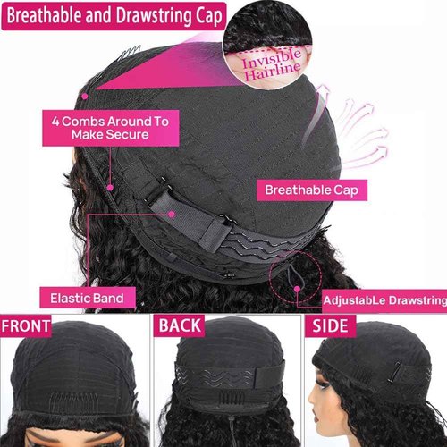 yamduly Half Wig Human Hair 200% Density Water Wave Glueless Wear and Go Wig with Adjustable String Seamless Flip Over Invisible Hairline Beginner Friendly Clip-In Headband Wig 16 Inch