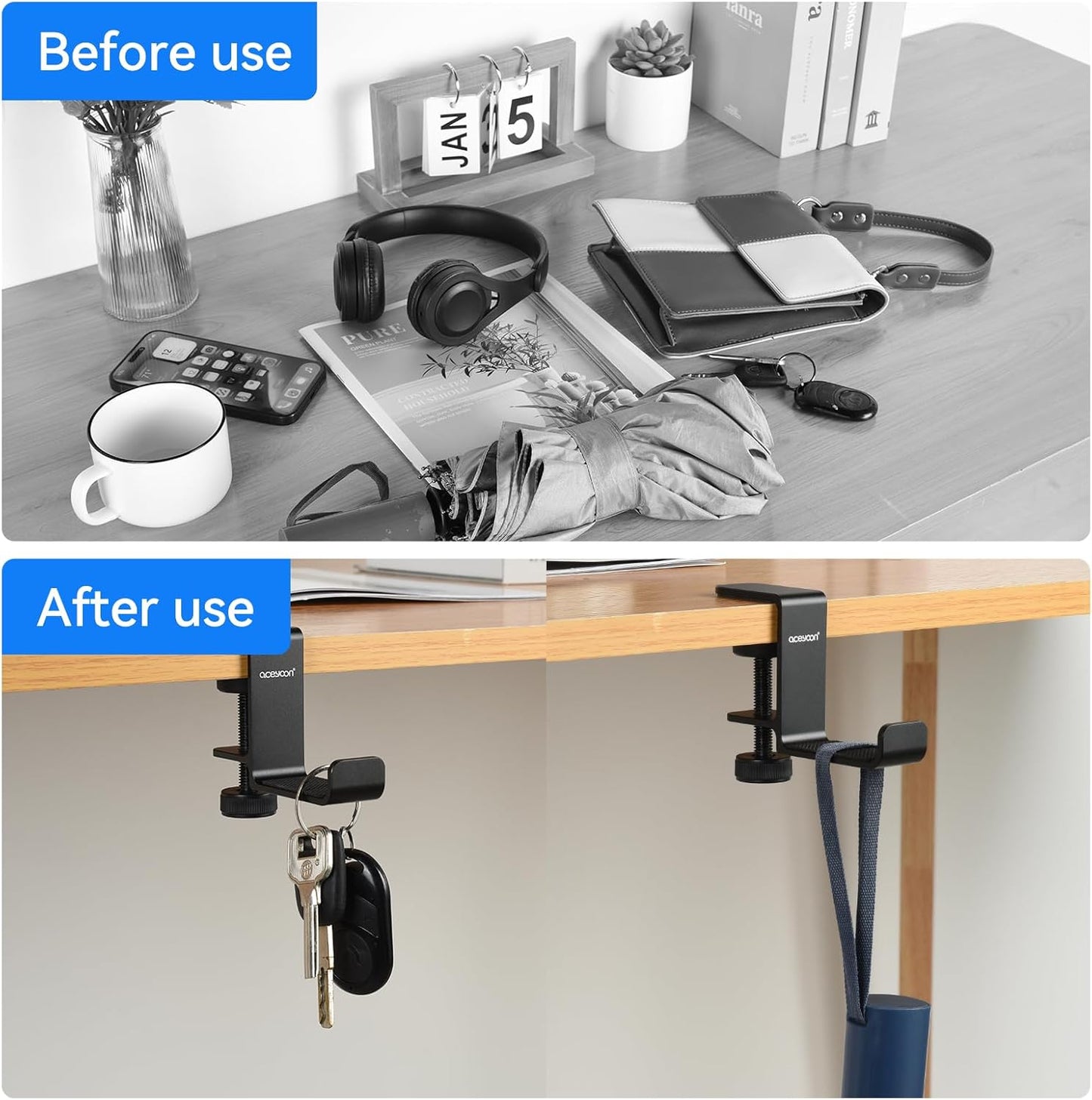 aceyoon Under Desk Headphone Hanger, Aluminum Headphone Stand,Headset Holder Space-Saving for Bag/Backpack/Gaming Headphone, Black