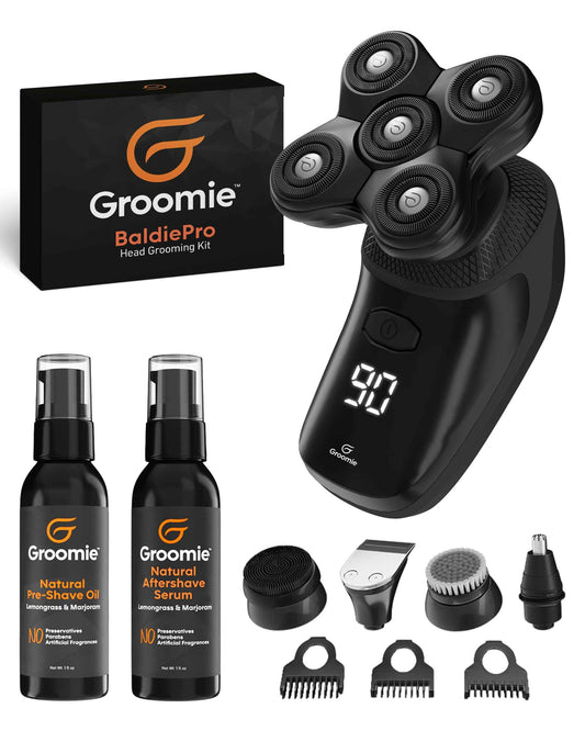 GROOMIE No Hair, Don't Care Bundle - 5D BaldiePro Electric Head Shavers for Bald Men, Natural Pre-Shave Oil to Promote Close Shave, & Natural Aftershave Serum - Mens Head Shaver Kit w/Electric Razor