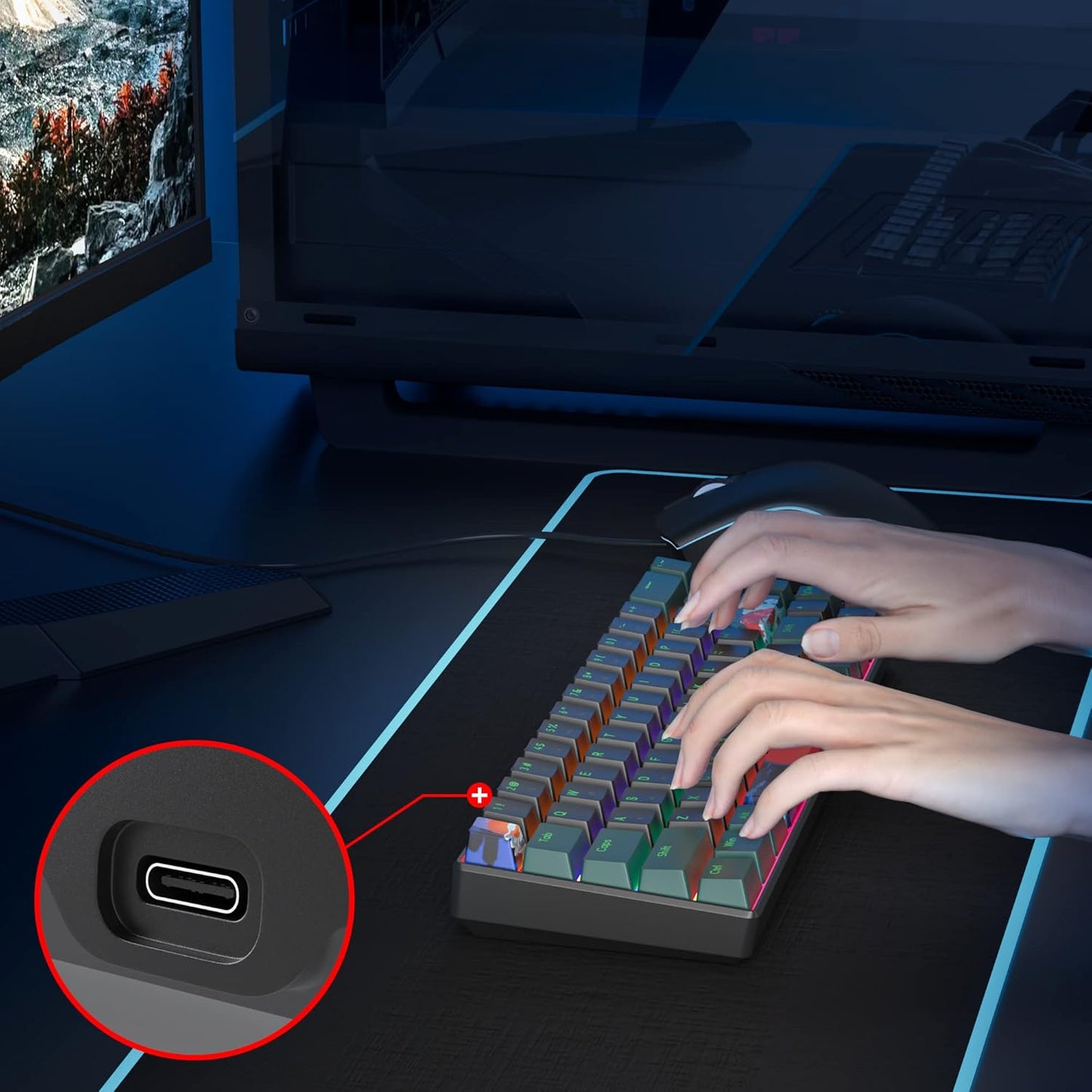 60 Percent Gaming Keyboard Mechanical with Linear Red Switch, 65% Wired Ultra-Compact Mini Keyboard Rainbow with PBT Keycaps for Ps4/Ps5/Xbox(68 Green)