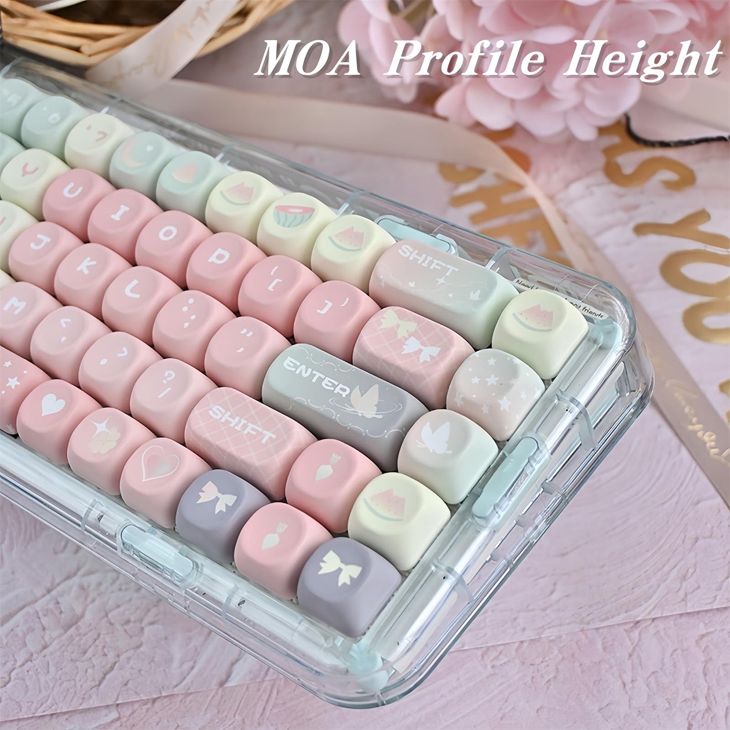 ZMX Cute MOA Keycaps,Gradient Pink Kawaii Round Keycaps Custom 126 Keys Keycap Set Thick PBT Keycap for Cherry MX Switch 75% 60% Mechanical Gaming Keyboard Creamy Watermelon Key Cap