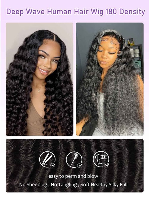ALYOGA Deep Wave Lace Front Wig 13x6 Soft Remy Virgin Human Hair 180% Density HD Lace Frontal Wigs for Black Women Natural Color Pre Plucked Hairline