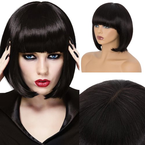 TESSHAIR 10 Inch Light YAKI Short Bob Wig Human Hair with Bangs, Black Blunt Cut Bob Wig Straight Glueless Headband Wigs for Women, Realistic Large Lace Scalp 180% Density 100% Human Hair