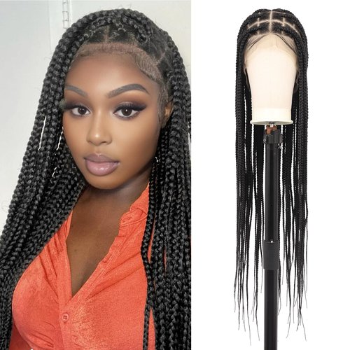 Fecihor 360° HD Full Lace Knotless Braided Wigs for Women Box Braid Wig with Baby Hair Human Hair Blended Natural Looking Black Braided Lace Front Wigs 36 Inch