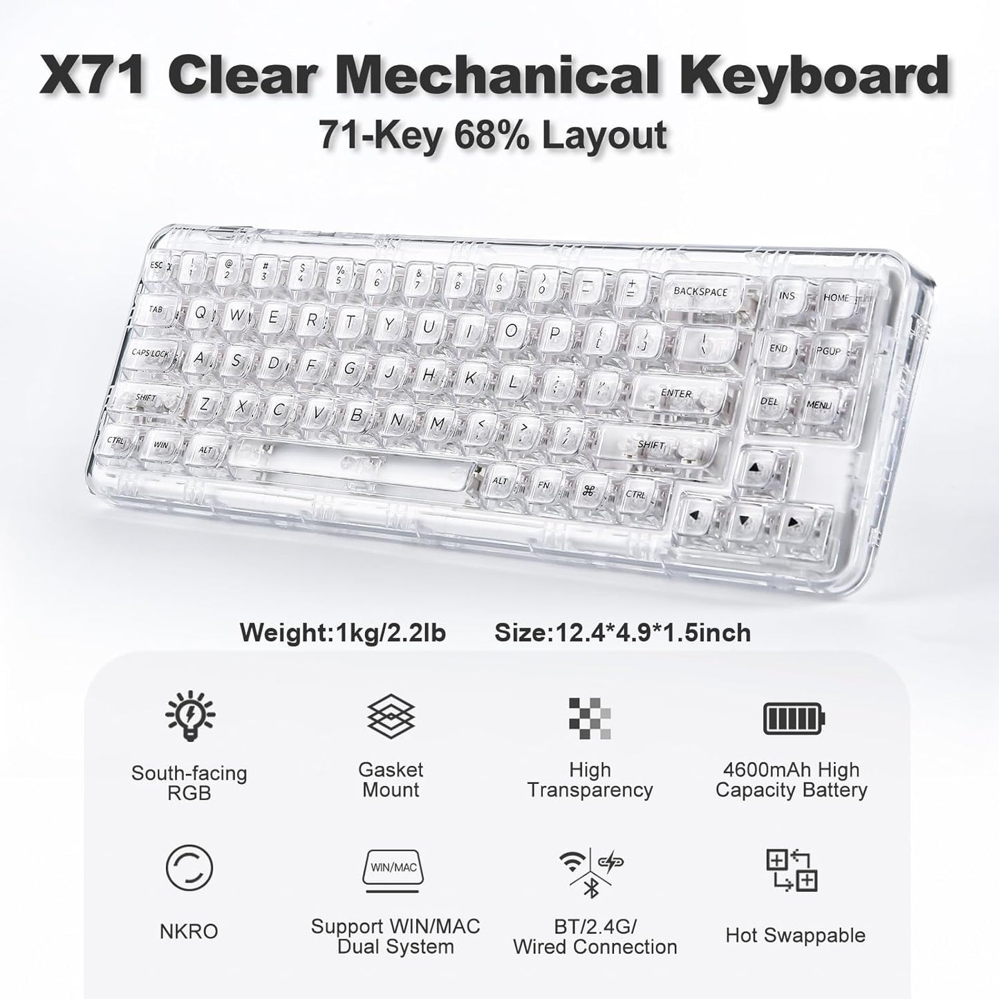 YUNZII X71 Wireless Hot Swappable Transparent Mechanical Keyboard with Clear Keycaps, 68% Layout, BT5.0/2.4G/USB-C Gasket Mount Wireless RGB Backlit for Windows/Mac(Crystal Ice Switch,White)