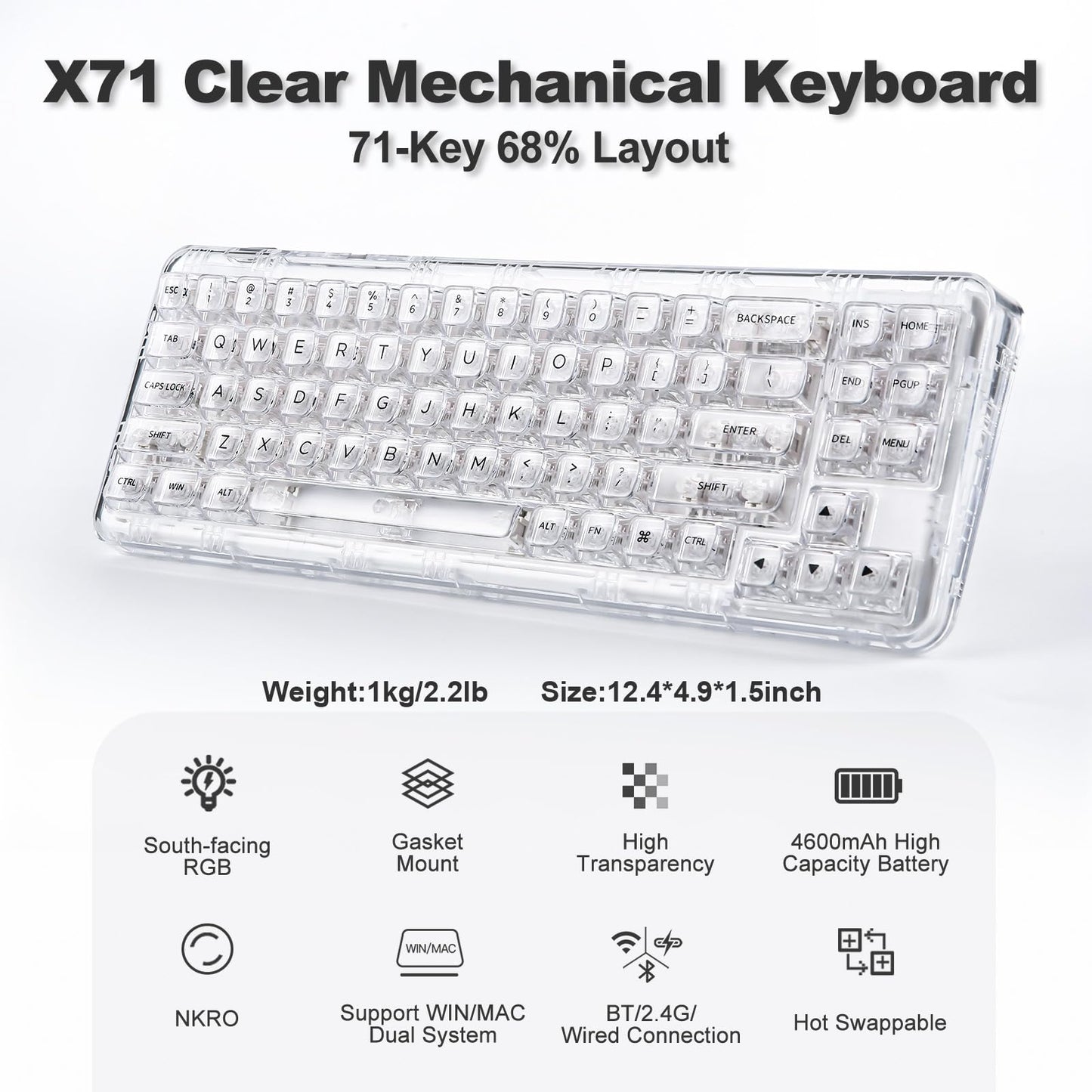 YUNZII X71 Wireless Hot Swappable Transparent Mechanical Keyboard with Clear Keycaps, 68% Layout, BT5.0/2.4G/USB-C Gasket Mount Wireless RGB Backlit for Windows/Mac(Crystal Ice Switch,White)