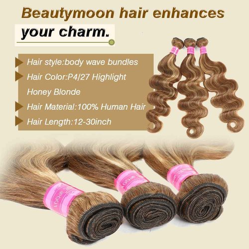 Ombre Human Hair Bundles Honey Blonde Body Wave 3 Bundles 20 22 24 Inch 100% Brazilian Virgin Hair 4/27 Highlight Body Wave Bundle Soft and Healthy Sew In Hair Extensions Real Human Hair for Women