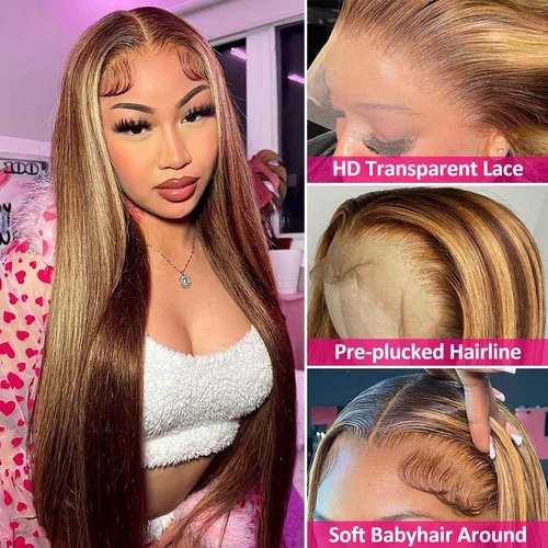Flady Highlight Ombre Lace Front Wig Human Hair Pre Plucked Glueless HD Lace Frontal Wig 4/27 Straight Wigs Human Hair Ombre Brown Blonde Wig 150Density