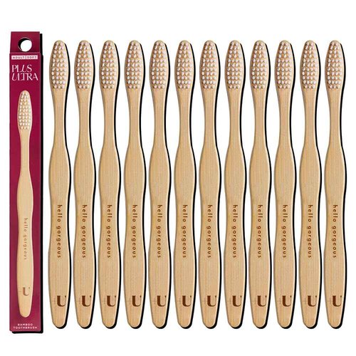 Biodegradable and Eco-Friendly Bamboo Toothbrush 12-Pack - BPA Free Soft Bristle - Dentist-Approved and All-Natural with "Hello Gorgeous" Etched on Handles by Plus Ultra