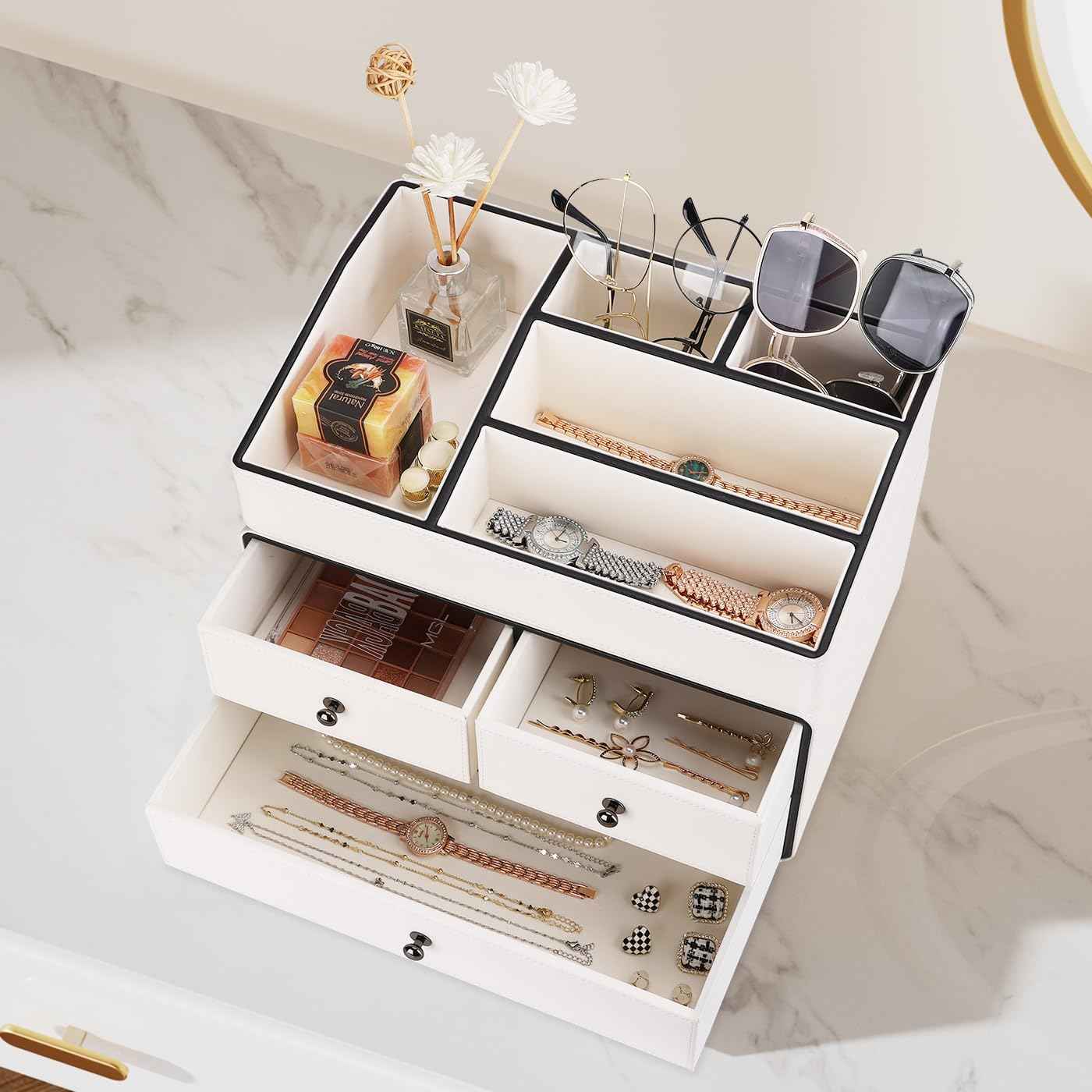 GORESE Leather Makeup Organizer with Drawers for Vanity, Stackable Skincare Holder Dresser Organizer Countertop, Make Up Storage Organizers Counter Cosmetic Display Case Gifts for Women(Cream White)