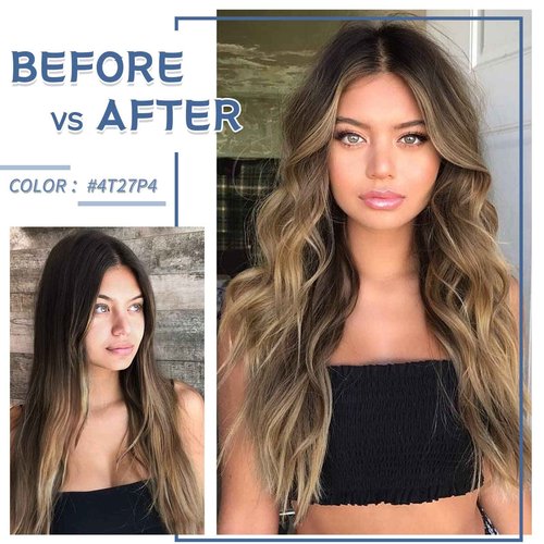 Clip in Hair Extensions Real Human Hair S-noilite #4T4P27 Chocolate Brown to Caramel Blonde Double Weft hair extensions 20 Inch Clip in Real Human Hair for Women Balayage Straight 7PCS 125g