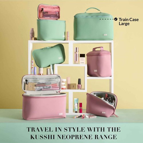 KUSSHI Neoprene Train Case (Large, Sage/Coral Rose)