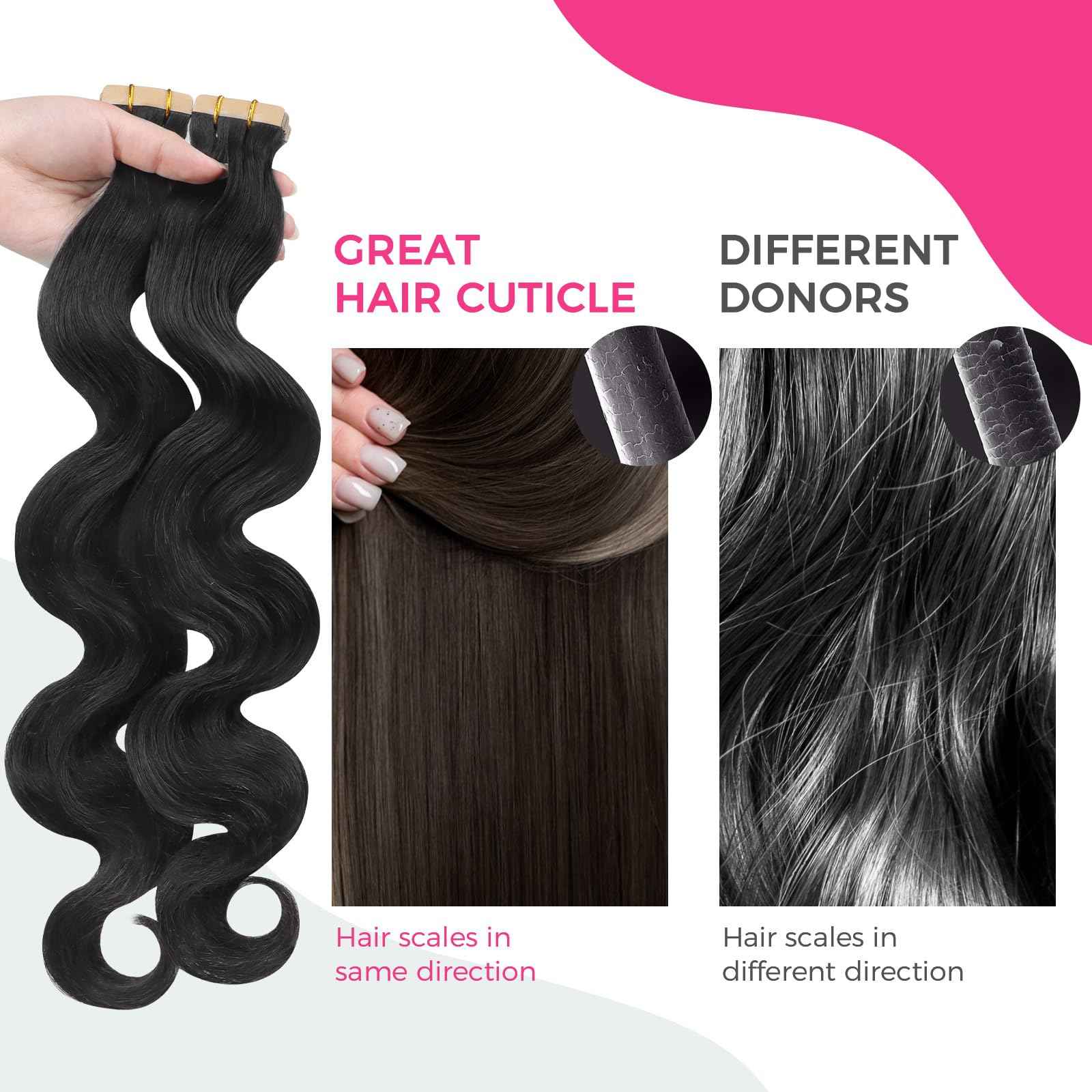 Lashey Tape in Hair Extensions Human Hair 40pcs 100g/pack 22 Inch Body Wave Natural Black Soft and Invisible Hair Extensions