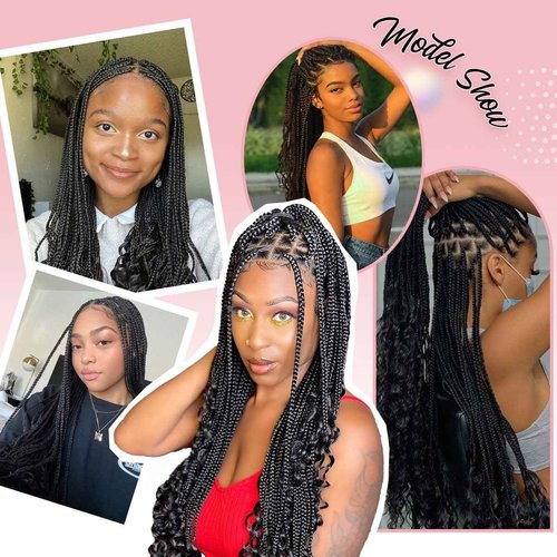 QUISDUIS Box Braided Wigs curly ends 32 inch 13X8 Lace Braid Wigs for Black Women Square Knotless Box Braid Wig with Baby Hair Handmade Synthetic Hair Blended Lace Front Wig Natural Black