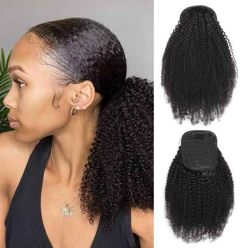 Humistwbiu Afro Kinky Curly Drawstring Ponytail 4C for Black Women Human Hair Drawstring Ponytail Extension Natural Black 24Inch