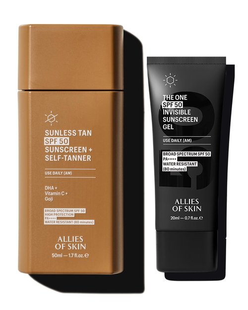 Allies of Skin Daily Self Tanner with SPF 50 & Daily Face Sunscreen SPF 50 Travel Size | Daily Duo for Natural Glow & Invisible UV Protection in Lightweight Gel Formula (1.7 oz / 0.7 oz)