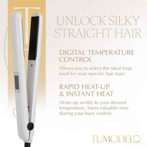 TuModelo Professional Hair Straightener – Ceramic Tourmaline Technology for Sleek & Curly Styles, Fast Heat-Up, Adjustable Temperature Professional Flat Iron, 1" Inch