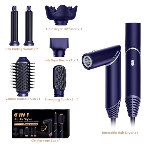 6 in 1 Blow Dryer Brush, Hair Dryer with Diffuser for Curly Hair, Negative Ionic Hair Dryer Brush Set, Air Curling Iron Air Styler, Brush Blow Dryer Straight, Volumize, Drying Hair Styling Tool