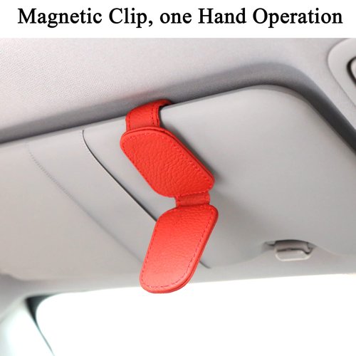 KIWEN Sunglasses Holders for Car Visor, Magnetic Leather Glasses Eyeglass Clip for Car, Ticket Card Clip Sunglasses Mount, Car Visor Accessories Gadgets (1, Red)
