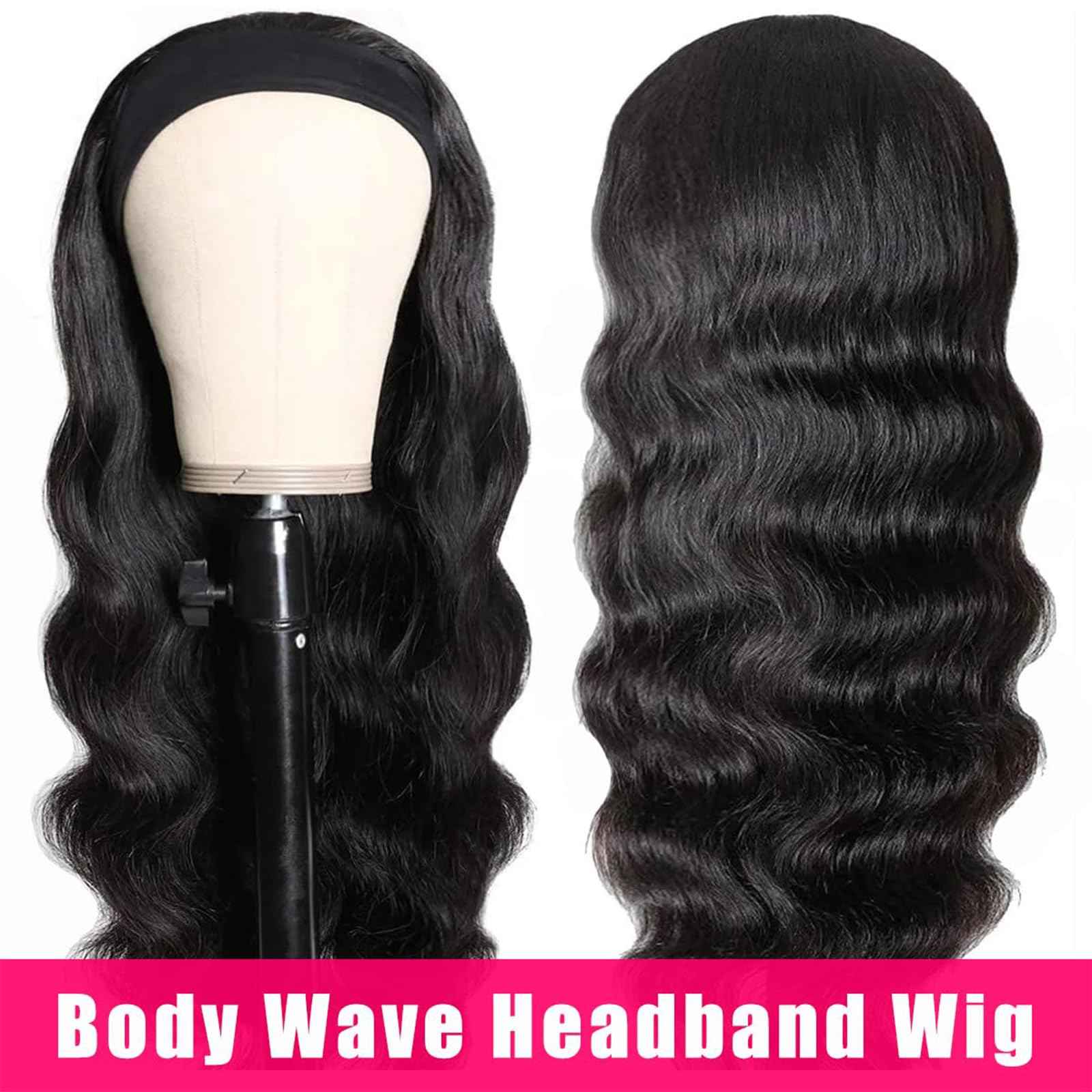 20 Inch Body Wave Human Hair Headband Wig - Half Wigs, Brazilian Glueless, 150% Density, Natural Color