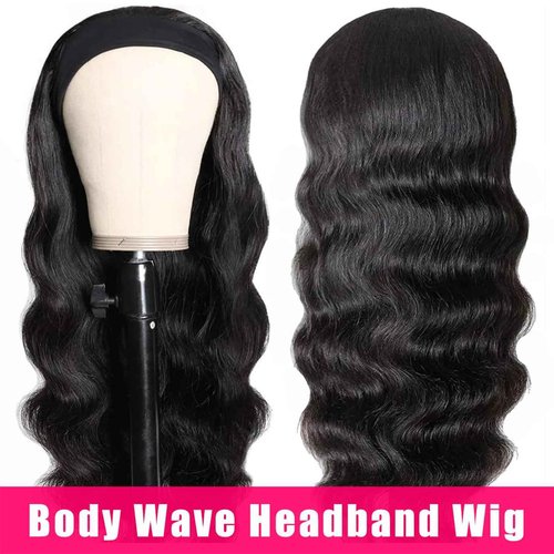 Hertune Human Hair Body Wave Headband Wig, 26 Inch, Black, Glueless, Wavy (loose waves), 21.75 Inch Cap Size