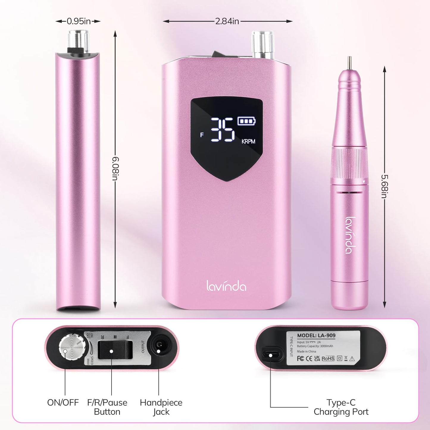 Lavinda Nail Drill 35000 RPM, Cordless Rechargeable Electric Nail File Machine, Professional Efile for Acrylic Nails, Gel Polish, Cuticle Removal, Home and Salon (Pink)
