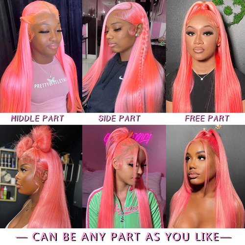 AHUFALU Pink Wear and Go Glueless Wig 13x4 HD Lace Pink Straight Glueless Wigs Human Hair Pre Plucked with baby hair Colored Closure Wigs for Women 150% Density 26Inch
