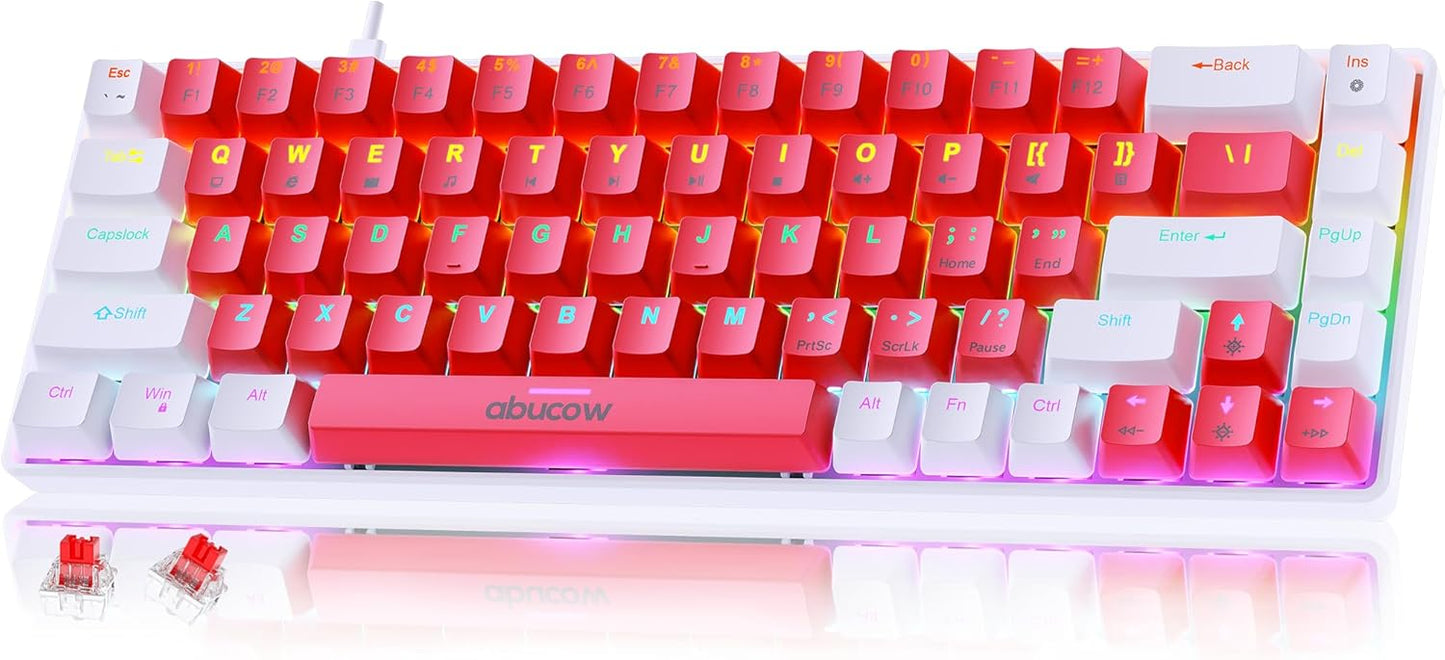 abucow 60% Mechanical Keyboard with Rainbow Backlight 68-Key Gaming Keyboard White-Green Keycaps - Red Switches for a Premium Typing and Gaming Experience PC Mac (White-Green)
