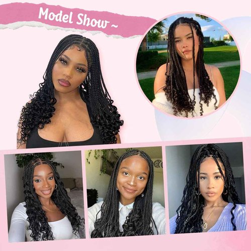 lounoke 18 Inch Braided Wigs With Curly Ends, 360 Single Full Lace French Curl Braided Wigs for Black Women Knotless Box Braid Wig with Baby's Hair