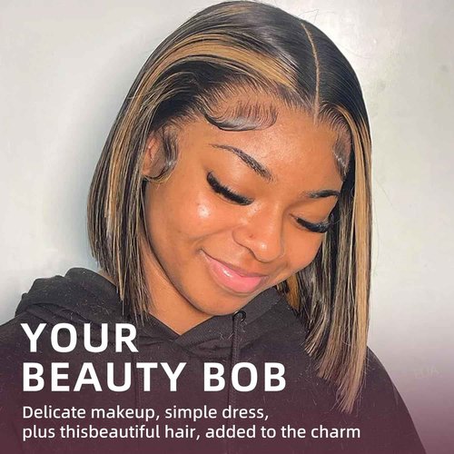 SUPERLOOK FB30 Ombre Bob Wig Human Hair Real 210% Density Ready to Go Glueless Wig 12a Straight Highlight Bob Wigs Human Hair Pre Cut Lace Pre Bleached Tiny Knots (12inch, 13x4 FB30 Bob)