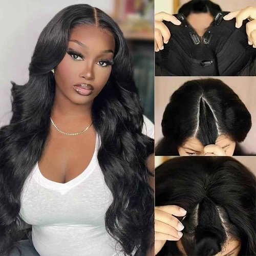 Dosacia V Part Wigs Body Wave Brazilian Virgin Human Hair Wigs For Black Women Upgrade U Part Glueless Wigs Full Head Clip In Half Wig V Shape Wigs No Leave Out Lace Front Wigs 180% Density 14Inch